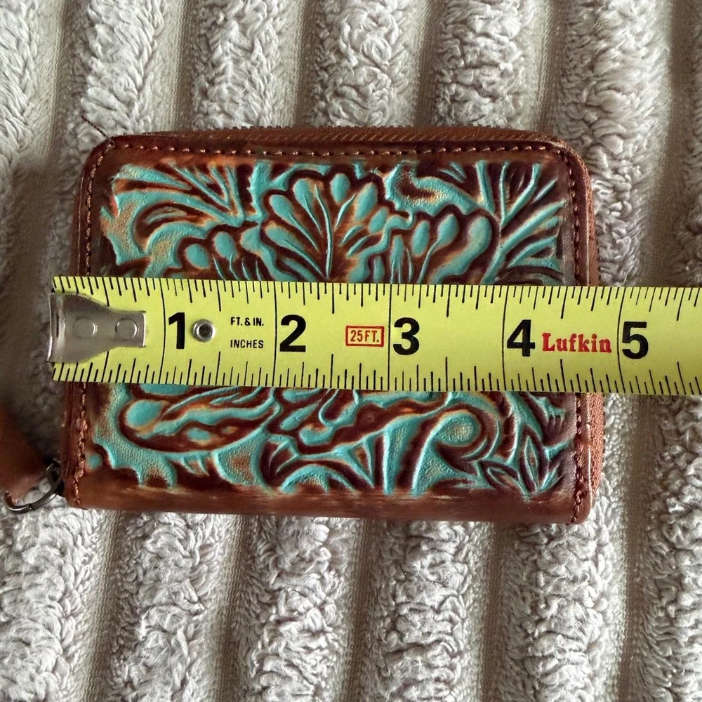 Hand Tooled Leather Accordion‎ Card Wallet Turquoise Floral Western Zip Around